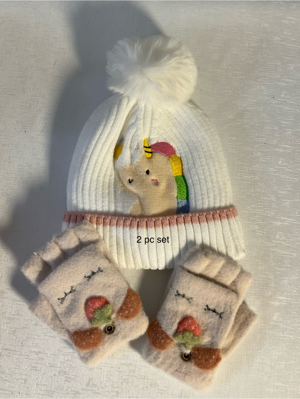 Kids Unicorn Pom-Pom Beanie and Mittens Set - White and Pink